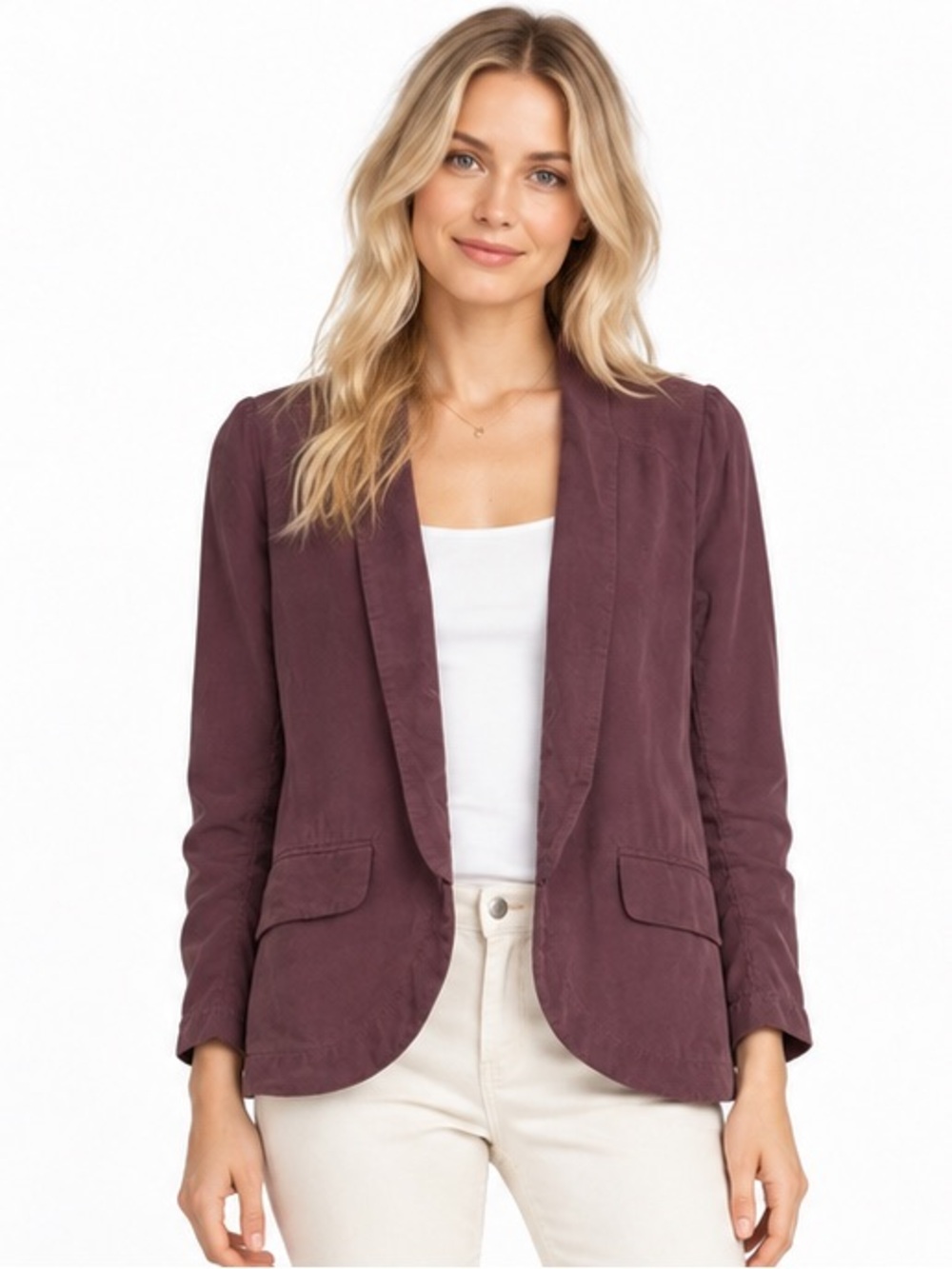 Anthropologie Elevenses Whitby Blazer Plum Purple Tencel Open Front Jacket sz 4